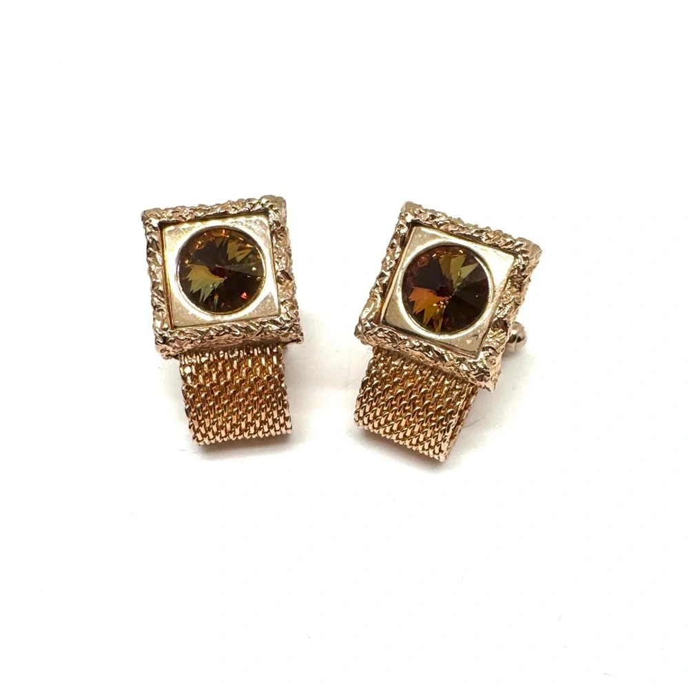 Vintage Watermelon Rivoli Wraparound Cufflinks Textured Square Goldtone Mesh